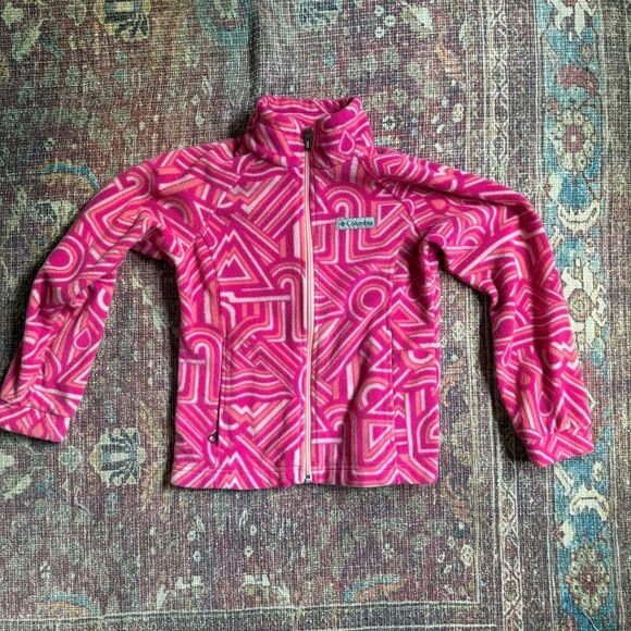 Small 7/8 Columbia Kids Pink Patterned Fleece Jacket - Picture 1 of 11